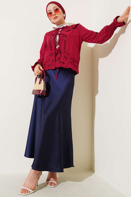 Bebe Yaka Nakışlı Bağlamalı Bluz Bordo