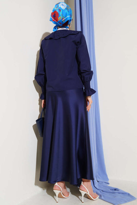 Bebe Yaka Nakışlı Bağlamalı Bluz Lacivert