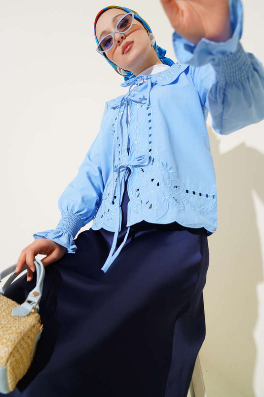 Baby Collar Embroidered Tie Blouse Blue
