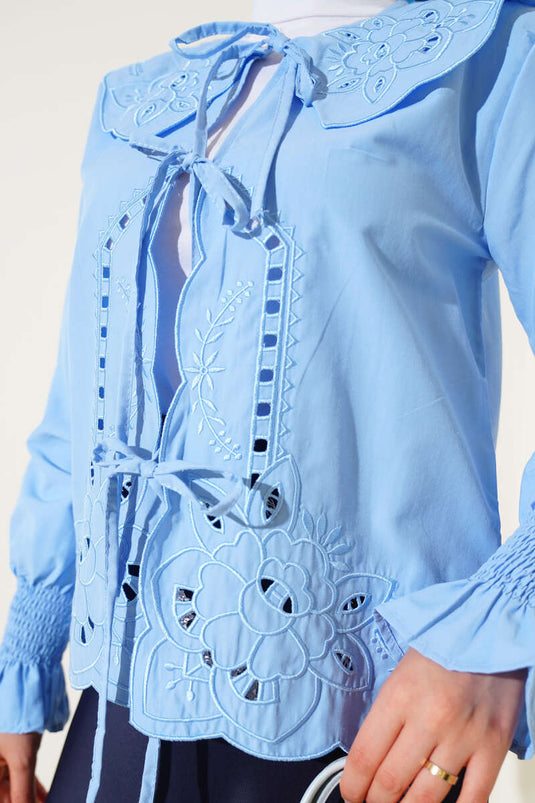 Baby Collar Embroidered Tie Blouse Blue