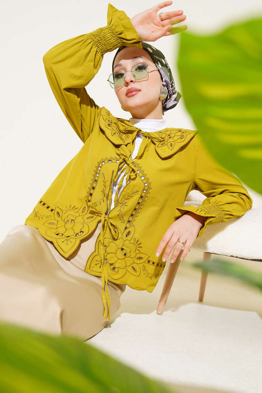 Baby Collar Embroidered Tie Blouse Oil Green