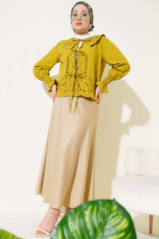 Bebe Yaka Nakışlı Bağlamalı Bluz Yağ Yeşili