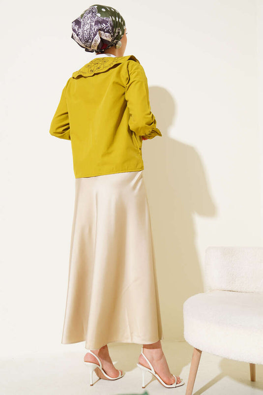 Bebe Yaka Nakışlı Bağlamalı Bluz Yağ Yeşili