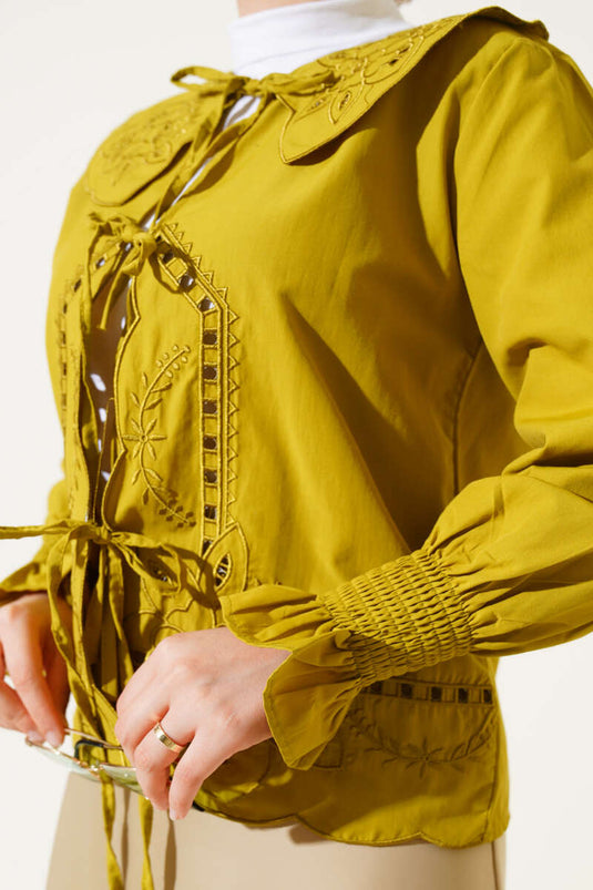 Baby Collar Embroidered Tie Blouse Oil Green