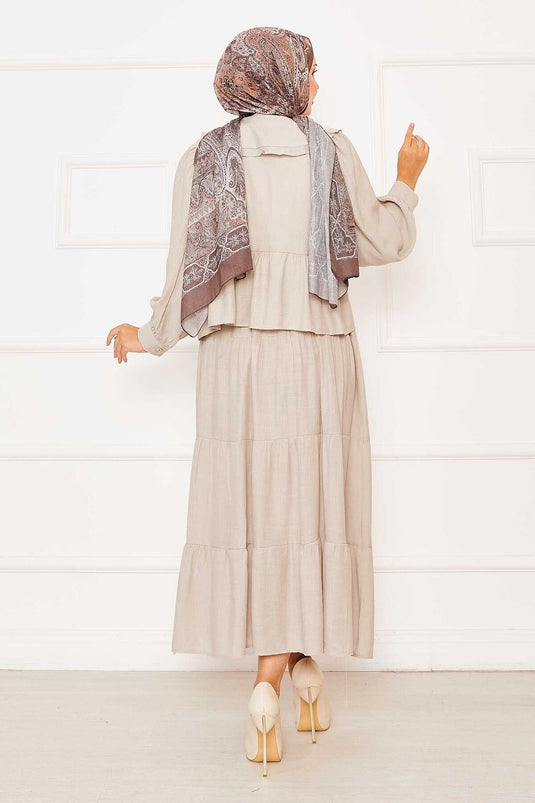 بدلة تنورة برباط أمامي وياقة للأطفال باللون البيج