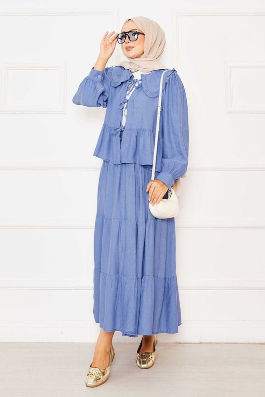 بدلة تنورة برباط أمامي وياقة بيتر بان، لون نيلي