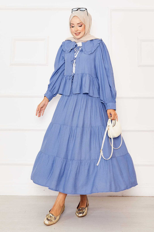 Tailleur jupe nouée devant à col Peter Pan indigo