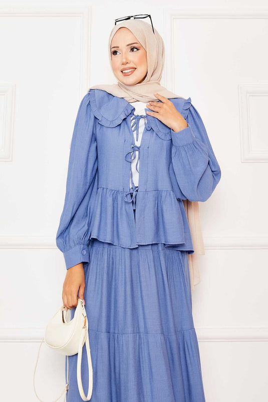 Tailleur jupe nouée devant à col Peter Pan indigo