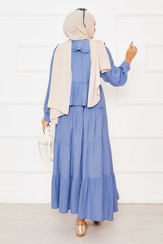 بدلة تنورة برباط أمامي وياقة بيتر بان، لون نيلي