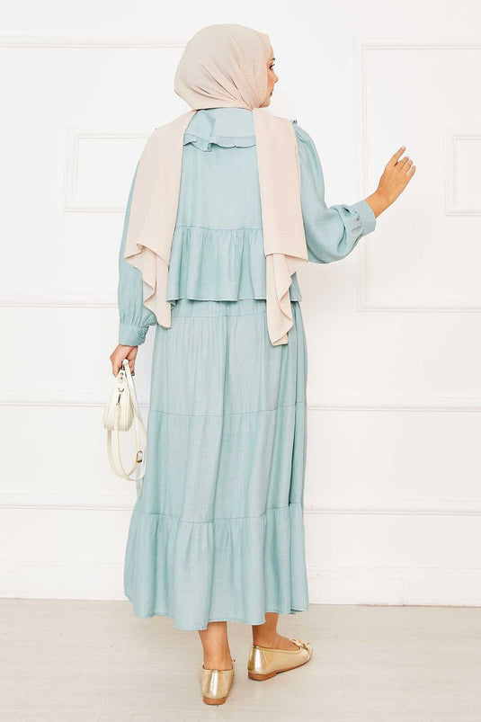 بدلة تنورة برباط أمامي وياقة للأطفال - لون نعناعي