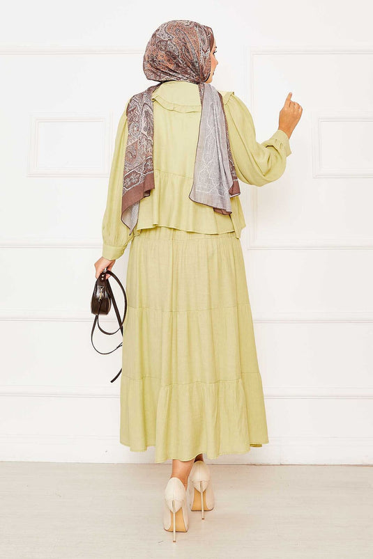 بدلة تنورة برباط أمامي وياقة للأطفال باللون الأخضر الزيتي