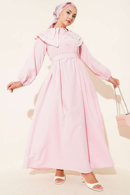 Bebe Yaka Yarım Düğmeli Elbise Pembe