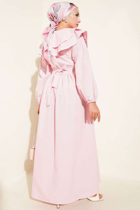 Bebe Yaka Yarım Düğmeli Elbise Pembe