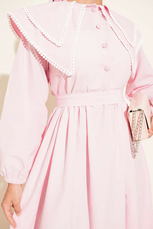 Bebe Yaka Yarım Düğmeli Elbise Pembe