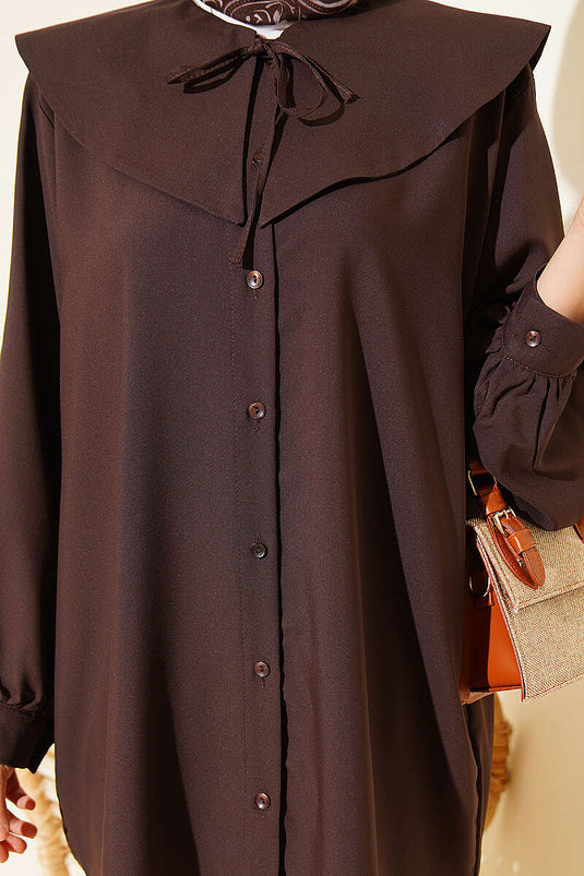 Bluse mit Babykragen und Kordelzug, Braun