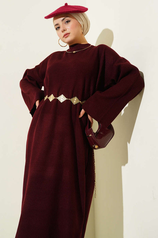 Bordeaux Strickkleid Mit Gürtel
