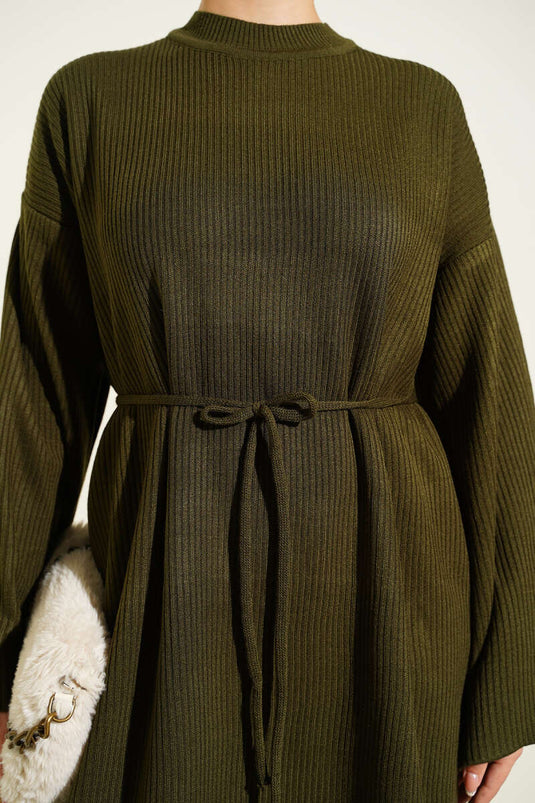 Belted Crew Neck Knit Dress, Khaki
