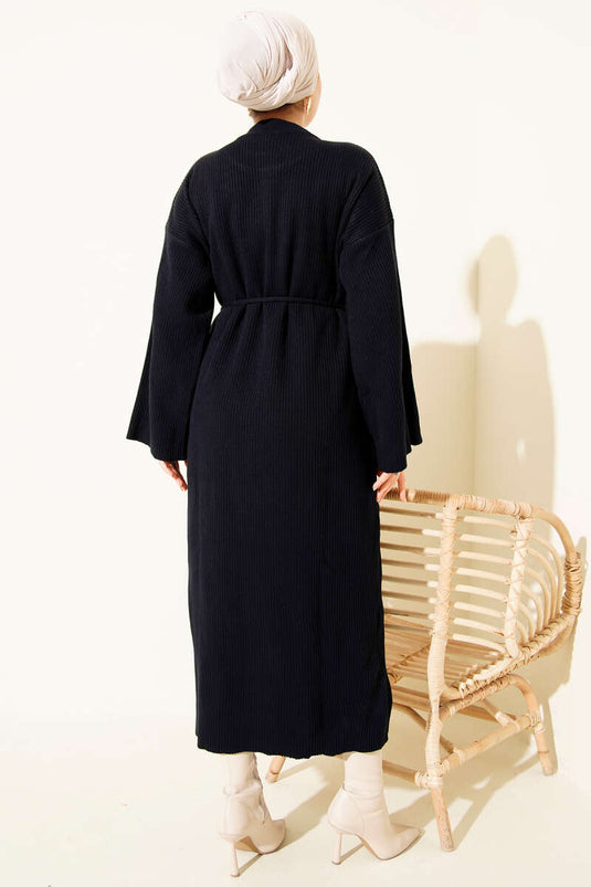 Navy Blue Crew Neck Knitted Dress with Belt