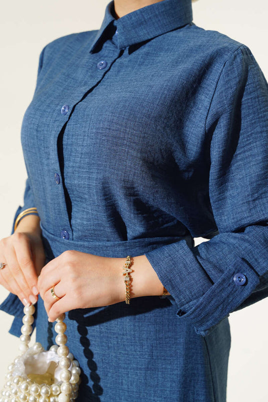 Costume Deux Pièces en Lin avec Jupe à Nouer à la Taille Bleu Bondi