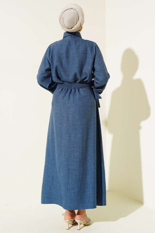 Costume Deux Pièces en Lin avec Jupe à Nouer à la Taille Bleu Bondi