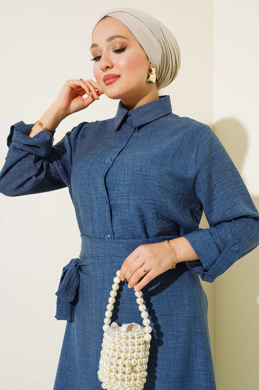 Todelt linneddragt med talje bindeskørt Bondi Blue