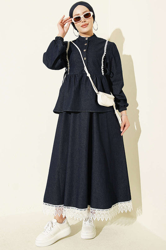 Dark Blue Belted Embroidered Skirt Set