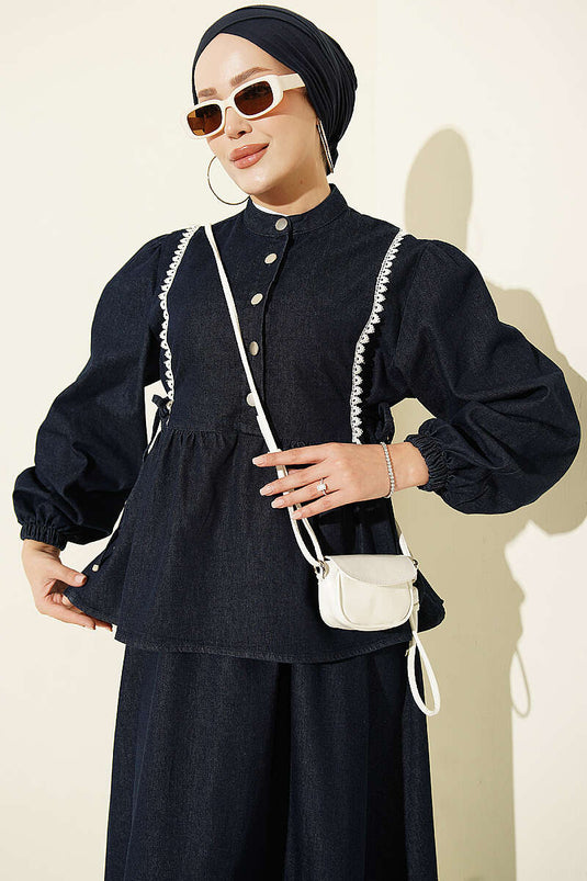 Dark Blue Belted Embroidered Skirt Set