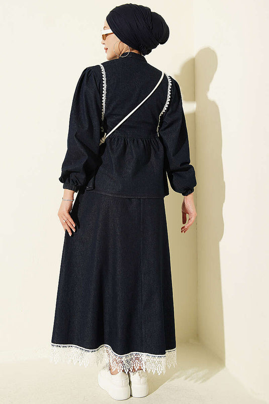 Dark Blue Belted Embroidered Skirt Set