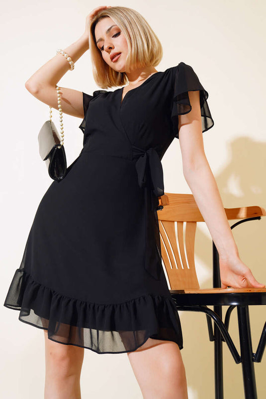 Bel Bağlamalı Kısa Kol Elbise Siyah