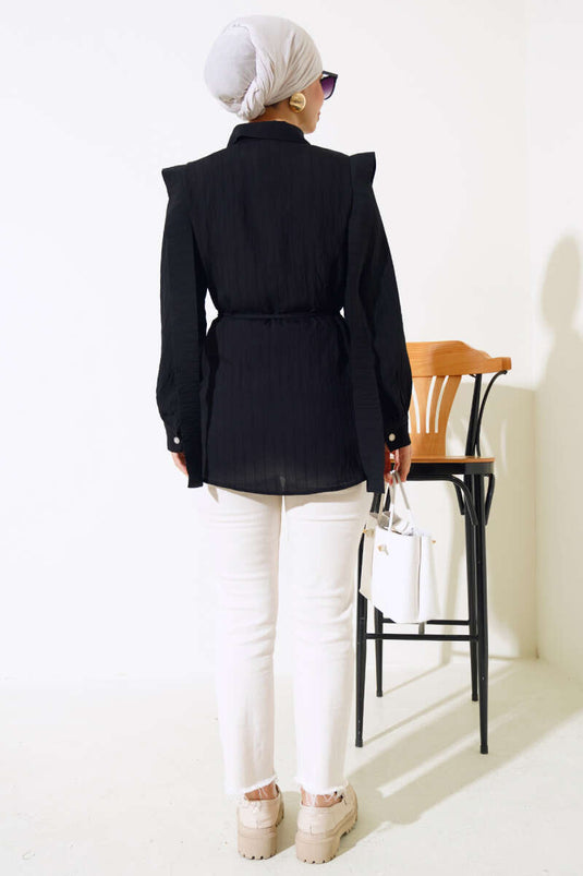 Belted Shoulder Cape Shirt Black