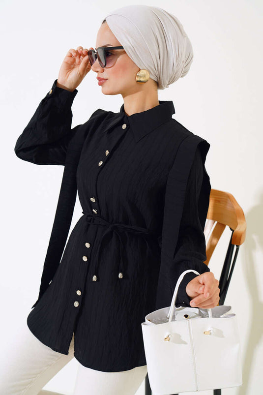 Belted Shoulder Cape Shirt Black