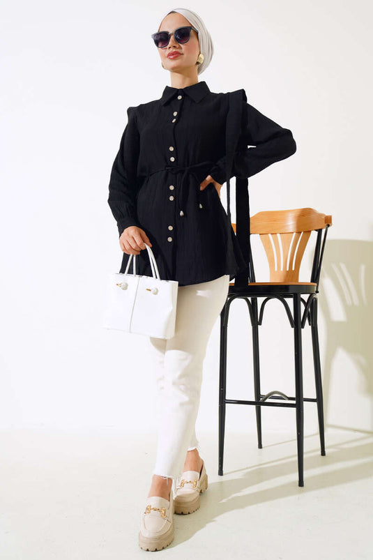 Belted Shoulder Cape Shirt Black