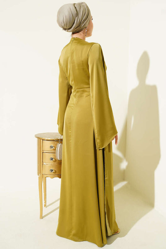 Bel Büzgü Detaylı Saten Abiye Elbise Yağ Yeşili