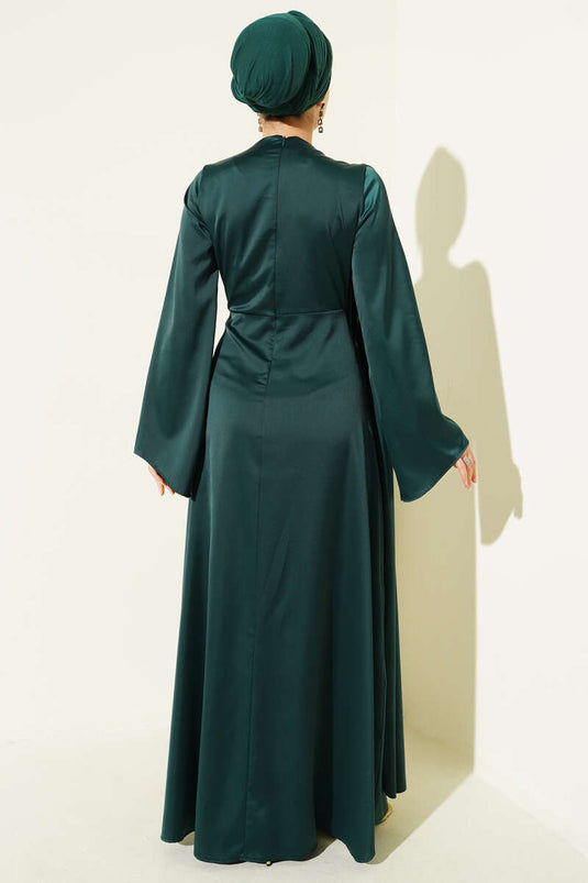 Bel Büzgü Detaylı Saten Abiye Elbise Zümrüt Yeşili