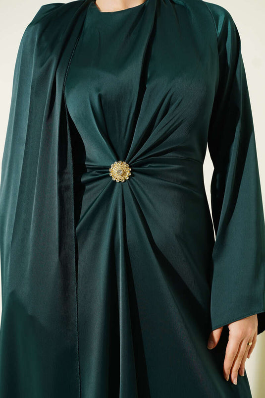 Bel Büzgü Detaylı Saten Abiye Elbise Zümrüt Yeşili