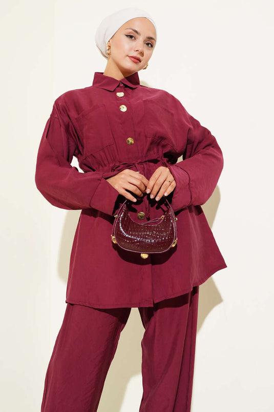 Taille Trekkoord Zak Tweedelig Pak Bordeauxrood