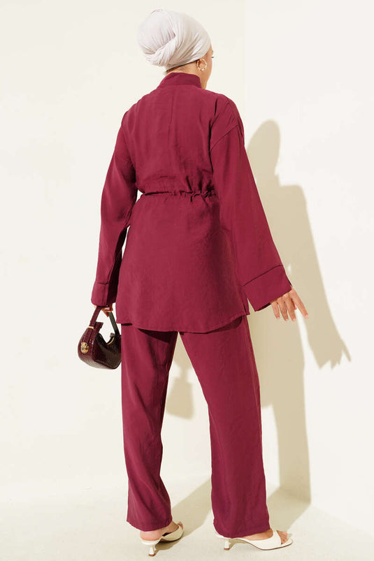 Taille Trekkoord Zak Tweedelig Pak Bordeauxrood