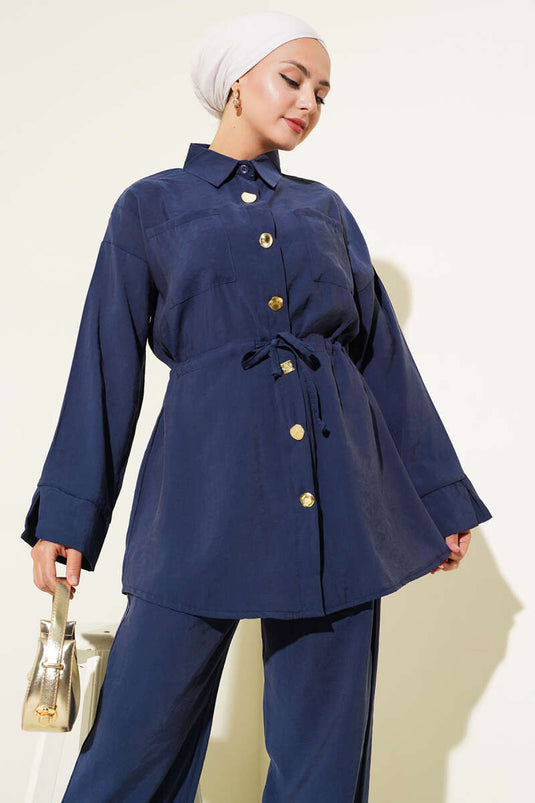 Taille Trekkoord Zak Tweedelig Pak Marineblauw