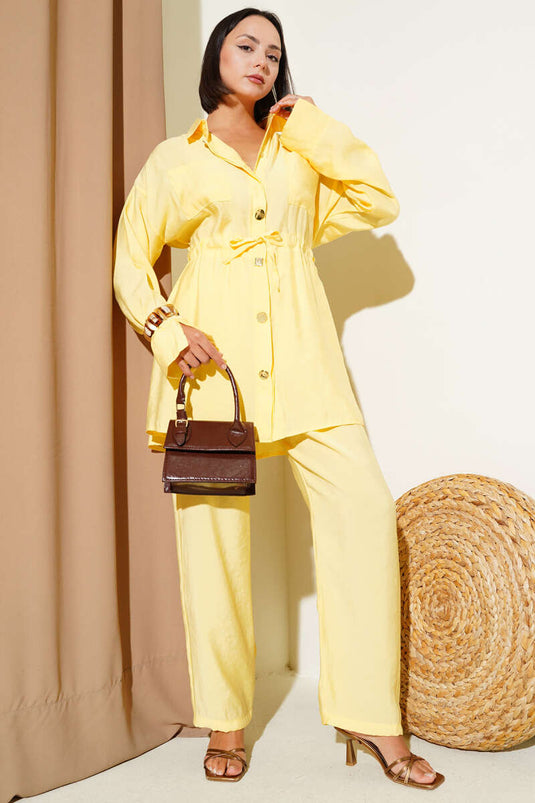 Taille Trekkoord Zak Tweedelig Pak Geel