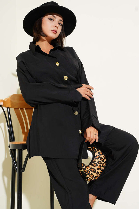 Taille Trekkoord Zak Tweedelig Pak Zwart