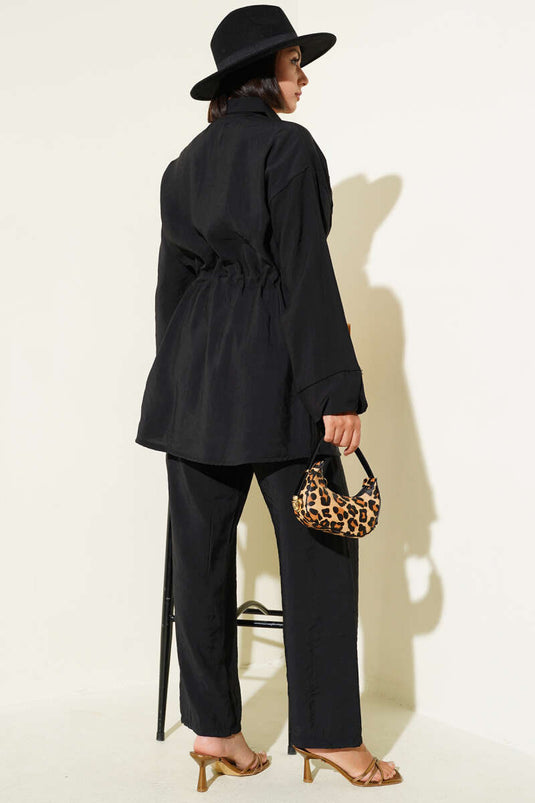 Taille Trekkoord Zak Tweedelig Pak Zwart