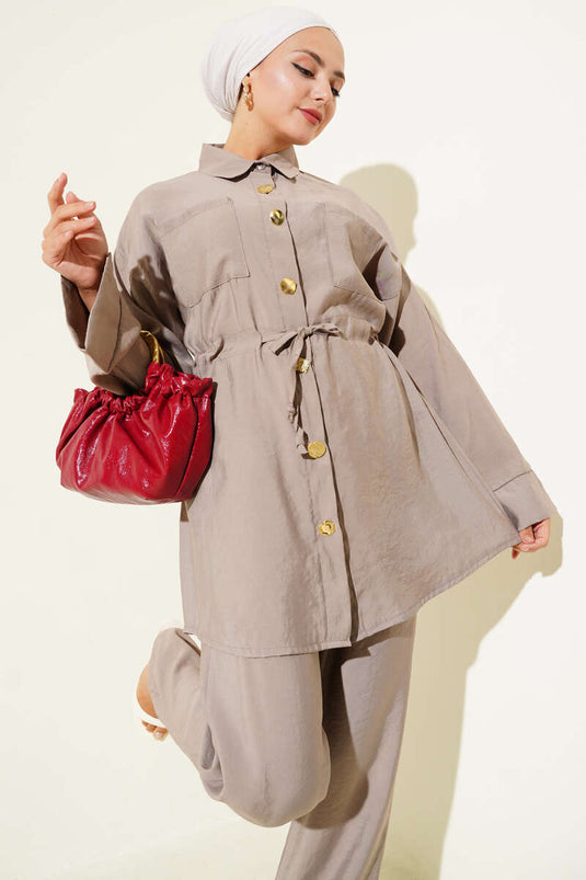 Taille Trekkoord Zak Tweedelig Pak Mink