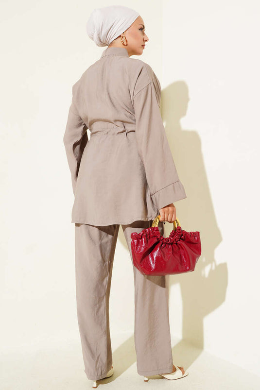 Taille Trekkoord Zak Tweedelig Pak Mink