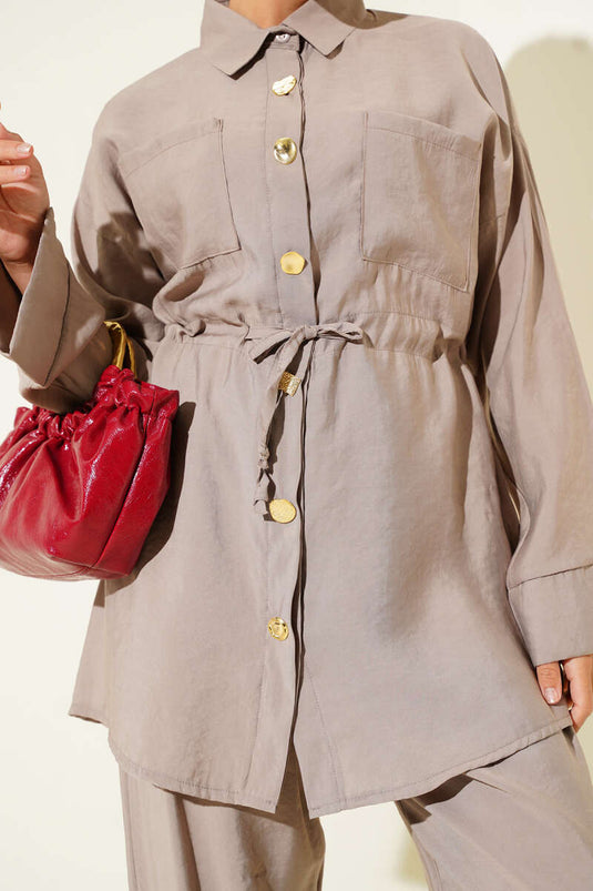 Taille Trekkoord Zak Tweedelig Pak Mink