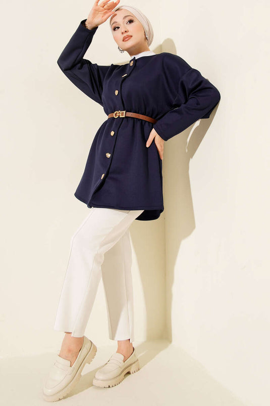 Bell Gathered Belted Scuba Jacket Navy Blue
