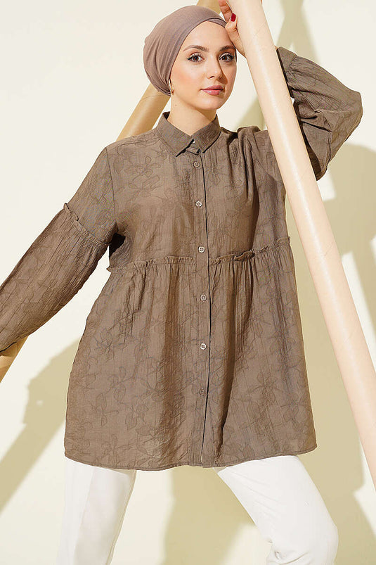 Chemise à motifs ton sur ton avec fronces Bel, couleur vison