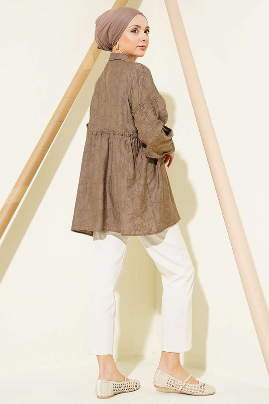Chemise à motifs ton sur ton avec fronces Bel, couleur vison