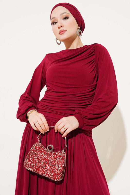 Sandy-jurk met geplooide taille, bordeauxrood