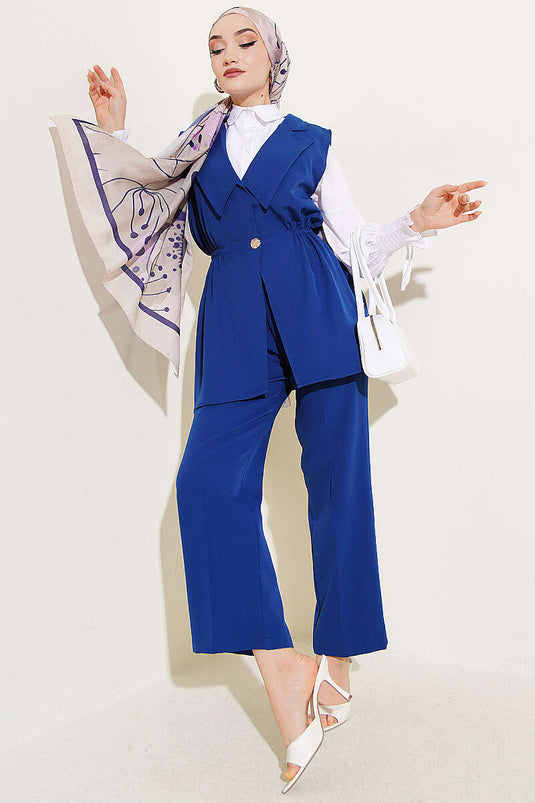 Ensemble deux pièces indigo avec gilet froncé Bel
