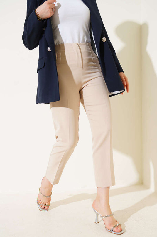 Narrow-Leg Fabric Trousers with Waist Buckle Beige